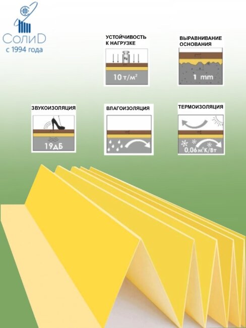 Подложка-гармошка Солид Желтая  10000х1050х2 мм (10,5м2)
